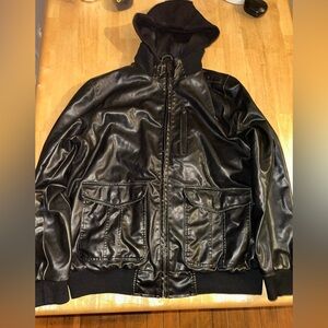 Buffalo David Bitton men’s Large faux leather jacket coat zip up hooded jacket